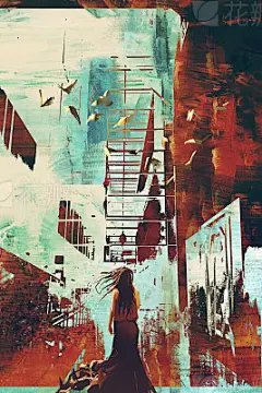 woman standing against abstract achitecture with grunge texture