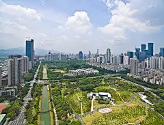 航拍城市高架桥道路与地标建筑