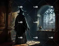 Ai产生的 巫师 魔术师 魔法 男人 窗户 阴影 帽子 幻想