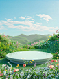 3d cartoon style. A simple circular stage is placed on a grassland with water and flowers. Blue sky background. There are rolling hills in the distance. Vibrant green, fresh spring breath. The Chinese grassland. Center composition. Cartoon style, surreali