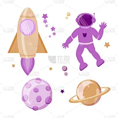 在白色背景上孤立的元素。可爱的卡通太空人，火箭和行星。空间。矢量是平面样式的。适合儿童插画。