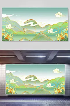 国潮山水风景画背景素材