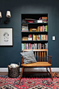 Emily Henderson_Hague Blue Reading Nook_Leather Chair_Gallery Wall_Bookshelves2