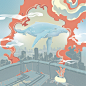 Whale City Illustration World : Whale city Illustration art concept, where they live among the humans, utopic landscape for future times. 