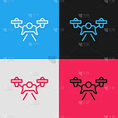 流行艺术线无人机飞行图标孤立的颜色背景。带有视频和照片相机符号的四轴飞行器。向量
