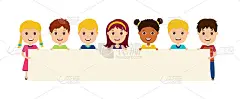孩子们把招牌。孩子们拿着空白的横幅。â卡通插图与小男孩和女孩展示的海报。快乐可爱的孩子与海报为学