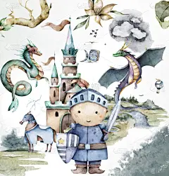 勇敢可爱的小骑士和城堡冒险系列。儿童贺卡手绘水彩画卡套