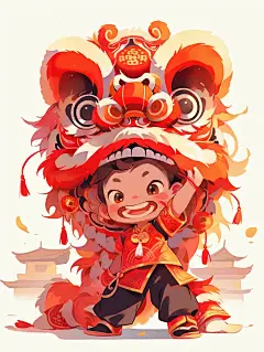 舞狮少年水彩插画喜庆海报