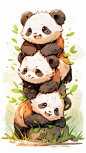 four panda perched on a stack facing toward the sky, in the style of jeremiah ketner, brian kesinger, lively facial expressions, dark amber, happy expressionism