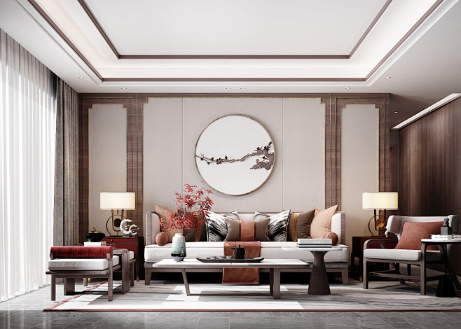 新中式客厅，沙发组合，茶几，贵妃椅，边几...