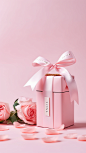 Clean light pink background, a gift box with ribbons on top, roses placed next to it, a box of rose gift boxes, the best clarity, 8K, high-definition, perspective, studio lighting,
