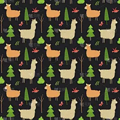 可爱的喇嘛无缝图案。卡通动物在森林背景。矢量图