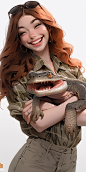 portrait photography, by artgerm, happy smiling face, Florida gator, reptile martial arts hero, alligator is shown in an intelligently stylized fashion photograph, fashionable accessories, intelligent use of composition, inspired by overwatch and Pixar, i