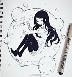 手绘黑白动漫女孩线稿(ins:yoaihime)