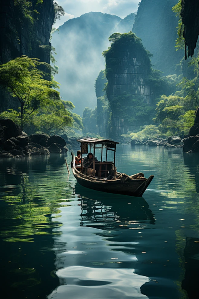 桂林山水水上木舟图片_摄影图-下载至来源处图片素材-花瓣网