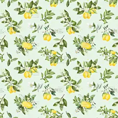 蓝底无缝隙花纹,手绘柠檬树枝条,开花结果