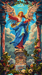 The annunciation of Mary in the style of colorful pixel-art, anime aesthetic, realistic paintings, ps1 graphics, manga-inspired