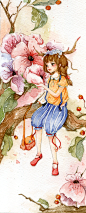森系水彩插画-花儿与少女