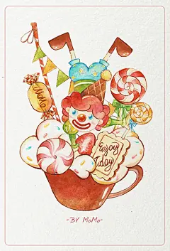 创作糖果主题水彩插画，不仅仅是想单纯地把糖果画出来，我希望我的作品能表达一种对生活的态度，比如这张<Funny boy>。因为我的职业是做蛋糕甜品的，我很喜欢画画和做甜品，做甜品可以使我感到快乐！不仅仅是甜品好吃，更多地是当面对生活的各种困难，我们更应该珍惜当下，珍惜身边的快乐！