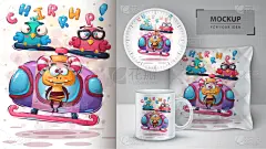 怪物,海报,可爱的,旅途,咖啡杯,杯,直升机,眼睛,从容态度,模板