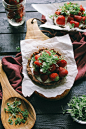 Mini Strawberry Chocolate Tart with Whipped Goat Cheese and Basil Micro Greens