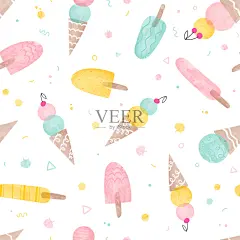 无缝冰淇淋图案与水彩绘制-无缝的背景纹理，伟大的夏季主题织物，壁纸，菜单或横幅。插画图片素材