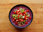 Mixed berry smoothie bowl (approx. 1 cup soy milk, 1 cup frozen mixed berries, 1 frozen banana, and 1 scoop vanilla soy protein) topped with strawberries, kiwi, hemp granola, chia seeds, hemp hearts, and buckwheat.