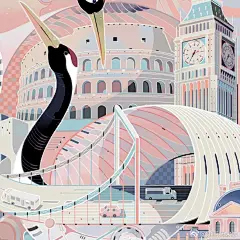 刚刚见报的头版插画，用建筑与仙鹤的空间穿插展现科技发展，周五了，梦幻走起来#画笔的力量##插画# ​​​​
