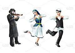 一个正统的犹太人拉小提琴，年轻的犹太人穿着民族服装跳传统的民族舞蹈。手绘水彩插图，孤立的白色背景