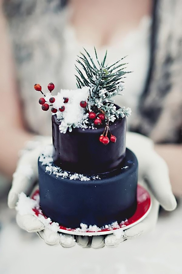 用圣诞节的红色与绿色来装饰婚礼蛋糕，松树...