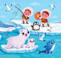 two children are fishing on an ice floer with penguins and seagulls