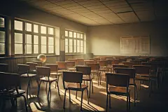 中学教室课桌椅场景摄影图