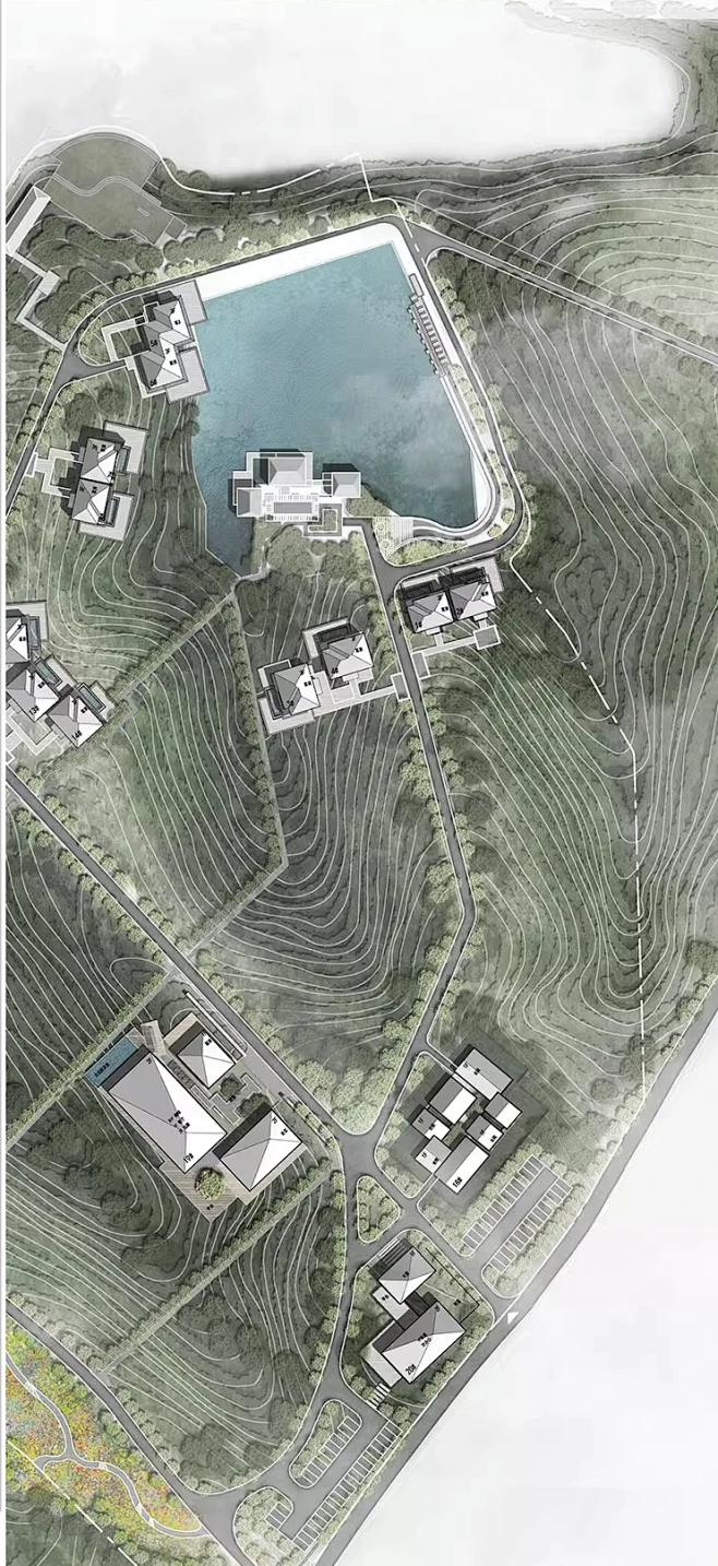 ps山地公园彩平图psd素材水墨风格茶田酒店彩色总图PSD免抠素材-花瓣网