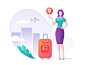 Travels maps template cloud icon purple bag urban airplane girl iphone travel ui branding people character vector illustration