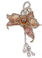 An enamel, cultured pearl and diamond flower brooch in the form of an orchid with plique-à-jour pink and purple enamel petals, with a round brilliant-cut diamond cluster center and a scrolling stem terminating with five drop-shaped cultured pearls