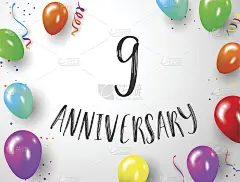 9周年庆典背景，彩色气球，生日快乐矢量插图。五彩纸屑和丝带，庆典的背景模板。