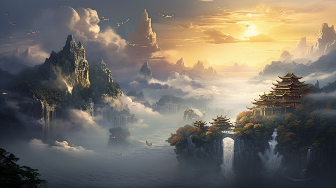 仙侠世界场景。高清图片来源于【恰逢有风】，需要设计可到【恰逢有风】的花瓣主页联系，转采禁删描述。