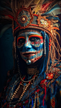 Portrait of a witch wearing a fearsome Voodoo Demon mask, Photorealism, Bocca blur, Vivid Color, High detal,