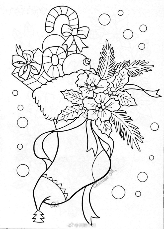 一组漂亮的圣诞节黑白线描画马住画进手帐