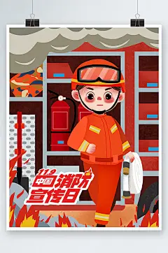 119中国消防宣传灭火消防员卡通海报-众图网