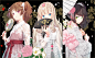 aqua_eyes blonde_hair bow brown_hair chinese_clothes choker fan flowers green_eyes hakusai headdress japanese_clothes kimono long_hair original pink_eyes ponytail ribbons twintails umbrella