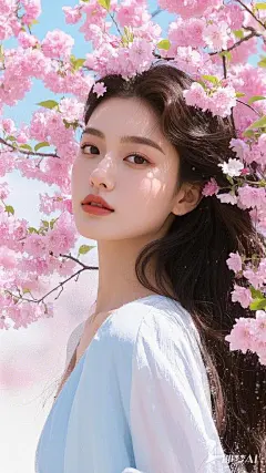女性侧脸，平视着前方，头发自然披散在肩上，眼神温柔而专注，背景中粉色花朵盛开，形成一片美丽的景象，简约概念海报背景，留白简洁，人物占画布空间较少，对角构图，高清8K --ar 9_16 