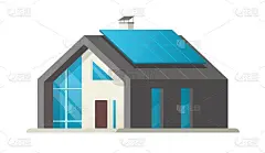 家居智能隔离矢量或住宅太阳能电池板生态现代未来或当代豪华别墅公寓建筑与生态能源技术平面卡通插画，绿色