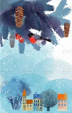 00164-水彩手绘夜晚雪景树林小鸟彩灯房子图案 (6)