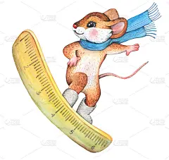 水彩画一个有趣和可爱的小老鼠在蓝色的围巾和自制的滑雪板上。