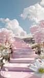 pink step steps leading to the ground with white flowers and trees, in the style of rendered in cinema4d, biomorphic forms, serene pastoral scenes, bunnycore, playful shapes, sketchfab, lively landscapes