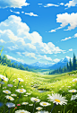 field with flowers under blue sky and white clouds, in the style of realistic and hyper-detailed renderings, cute and dreamy, flickr, soft shading, whistlerian, hd, flowing brushwork