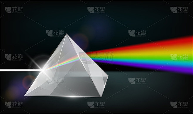光学物理。白光透过三棱镜照射出来。在插画中产生彩虹的颜色。