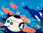潜水艇狗鲑鱼儿童插图海洋队长拳击手狗经验目标插图西雅图海洋可爱壁画设计壁画潜艇