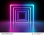 3d render, glowing lines, tunnel, neon lights, virtual reality, abstract background, square portal, arch, pink blue spectrum vibrant colors, laser show